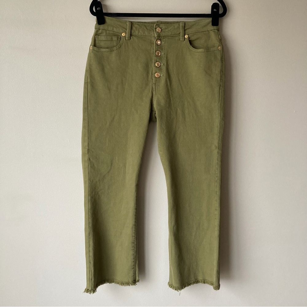 Michael Kors Olive Green Button Fly Raw Hem Straight Leg Denim Pants Size 8